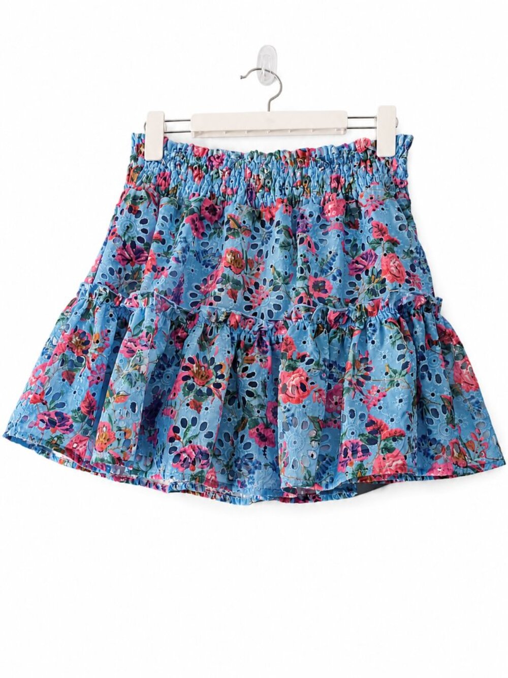 Ultramarine Blue Floral Eyelet Tiered Mini Skirt S